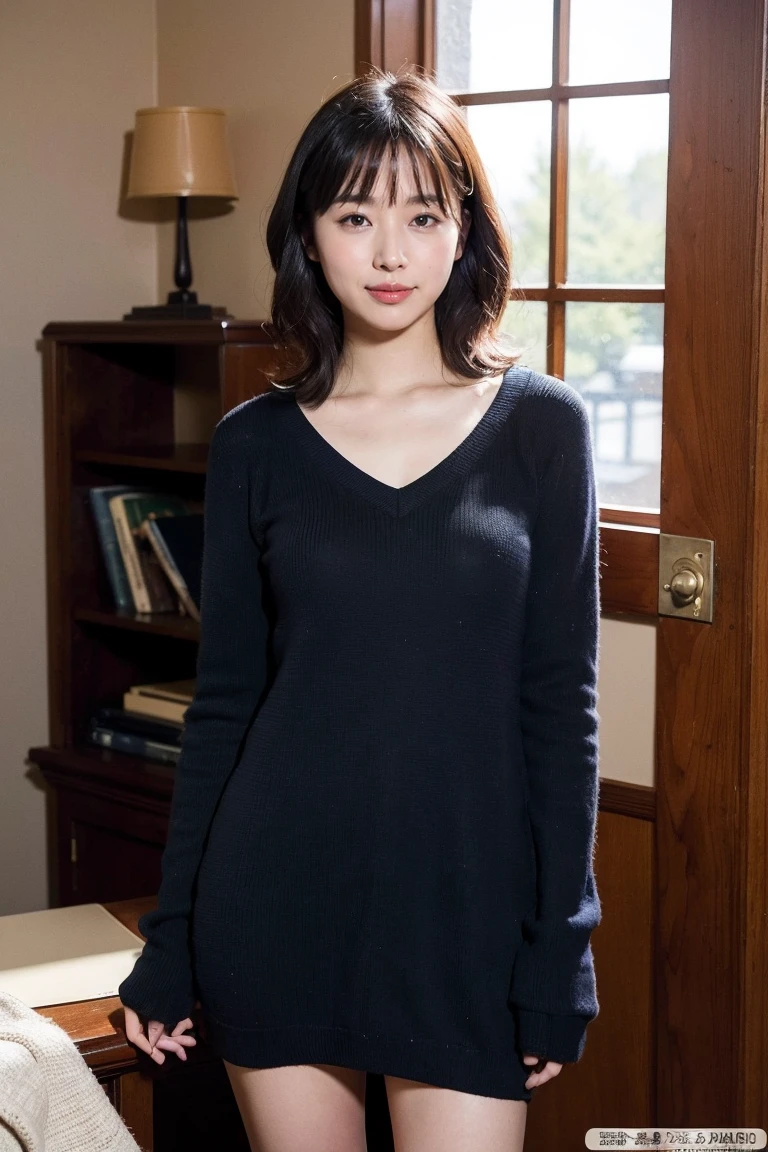 (8K, RAW Photos, Highest quality, masterpiece:1.2), Very detailed, Super Resolution, (Realistic, Realistic Photo:1.37), Portraiture, High-resolution RAW color photos, Professional photos, Very detailedで美新しい, Very detailed, 8K壁紙, Amazing details, Large file size, Official Art, highly detailed CG unity 8K壁紙, Very detailed美少女, Very detailed顔, Very detailed目, Very detailed肌, Very detailed指, Very detailed鼻, Very detailed詳細な口 , Perfect Anatomy, Very detailed背景, Very detailed衣服, 1 Girl,, 20th generation, Cute girl, Realistic body, small, Fair skin, Glowing Skin , Black Hair , Curly Hair、 smile, Cute face, Realistic face, Delicate eyes, V Neck Knitted Dress, Looking at the audience, Cowboy Shot, Dynamic Lighting, Large Breasts,
