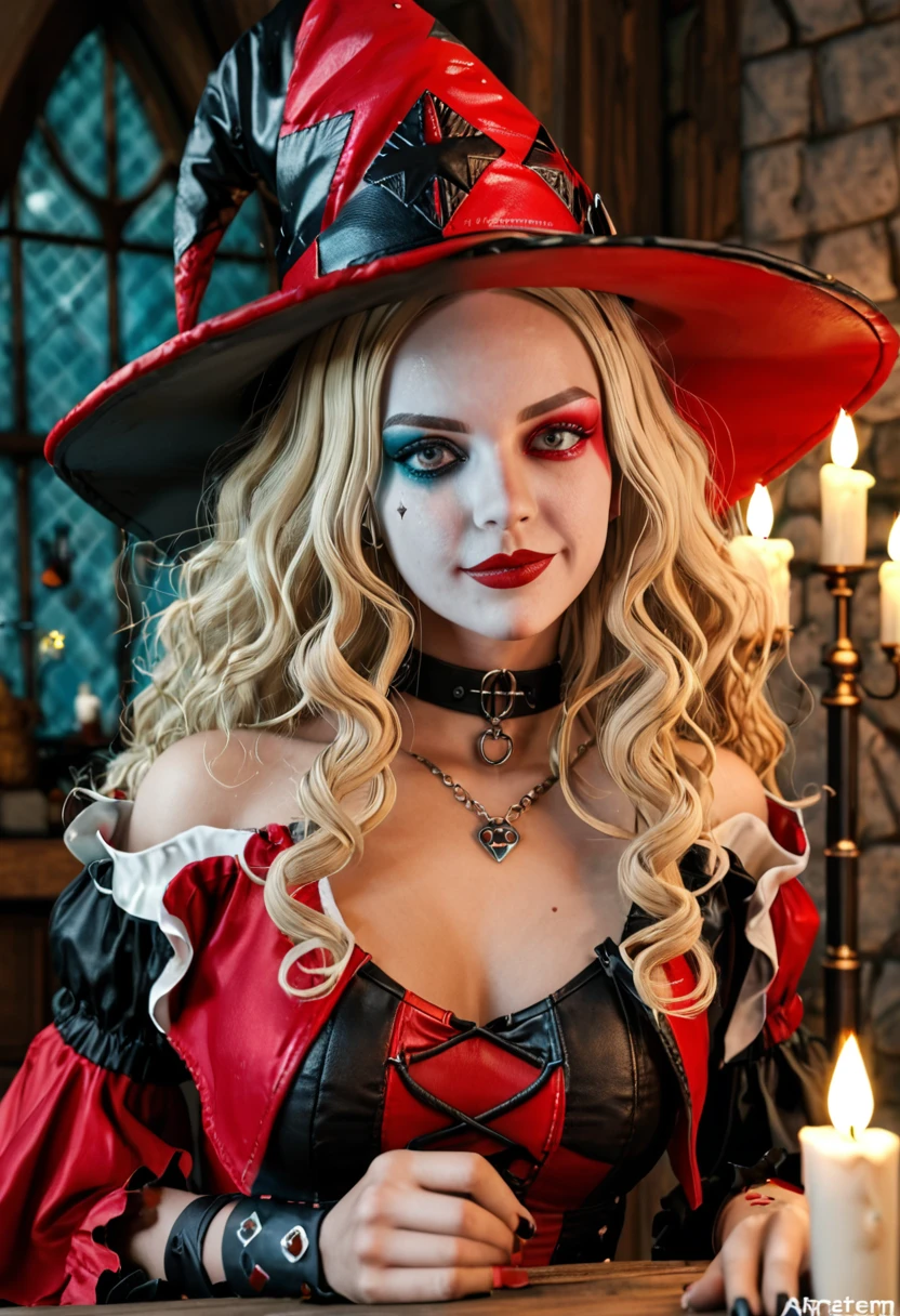 Masterpiece, best quality, Harley Quinn dressed as a witch, chilling aura, goblin's lair, candle lit room, ethereal light, glow, wavy blonde hair,artgerm, 3d unreal engine, (((mad))) elf princess, fetish, trending on artstartion, anime like, 4k