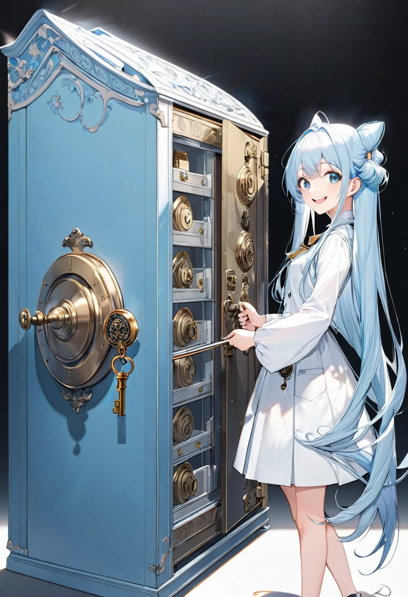 Light blue long hair、Twin-tailed Girl、holding a big key、Bright smile、Standing in front of a large safe、profile