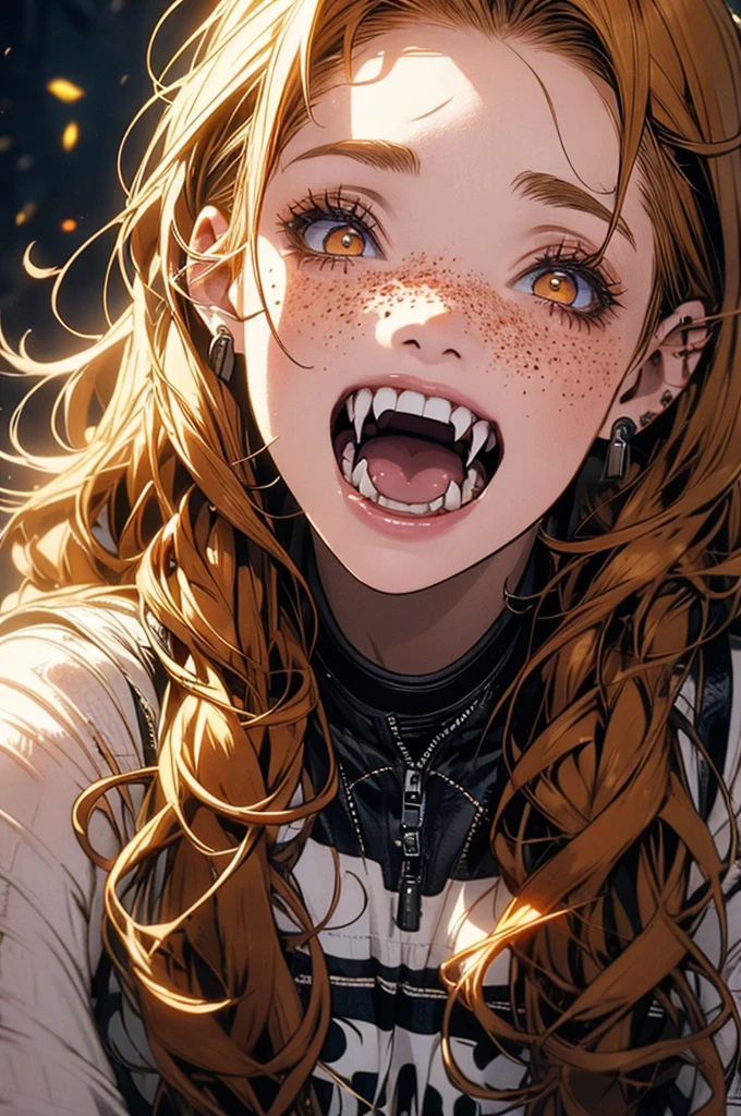 Pretty Irish woman with curly ginger air, freckles, tooth gap, in zombie apocalypse 
