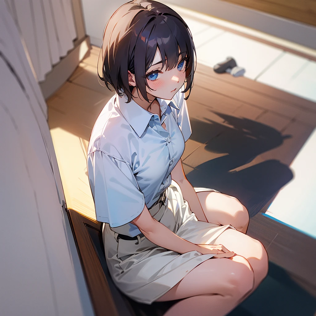 、Short sleeve white blouse、Unbutton up to the third button、skirt、Sitting on the floor、Composition from above