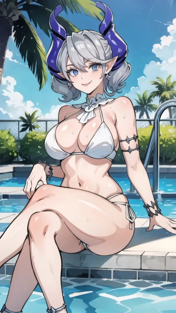 High level image quality best image quality 8K adult woman pool party sunset palm trees whole body view portrait bikini horn ears short hair((shortcut)(gray hair)(perm)(fluffy)) eye color is blue , attractive evil face , smile , sexy pose , labrynth , barearm , wearing white , looking up , sitting by the pool , crossed leg style in detailed ,bracelet , anklet , view foot arc , view from below