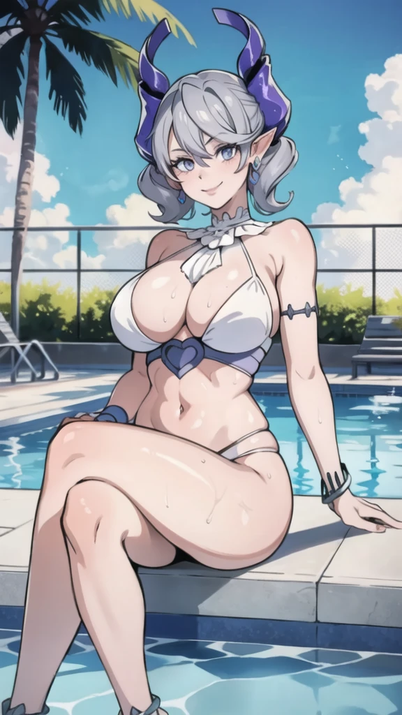 High level image quality best image quality 8K adult woman pool party sunset palm trees whole body view portrait bikini horn ears short hair((shortcut)(gray hair)(perm)(fluffy)) eye color is blue , attractive evil face , smile , sexy pose , labrynth , barearm , wearing white , looking up , sitting by the pool , crossed leg style in detailed ,bracelet , anklet , view foot arc , view from below