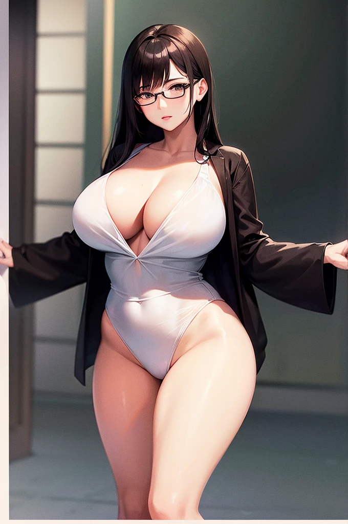 a beautiful anime mom with large breasts and curvy hips, wearing an oversized shirt with no pants, wearing glasses, long dark hair, brown eyes, hyper detailed, photorealistic, 8k, masterpiece, high quality, exquisite, intricate details, chiaroscuro lighting, cinematic composition, dynamic pose, sensual, elegant