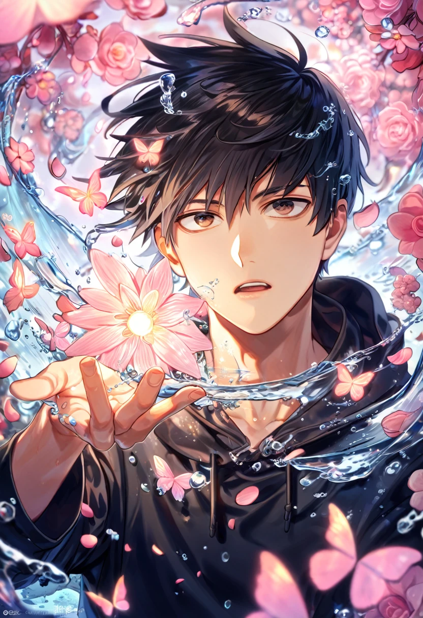 absurdres, highres, ultra detailed, HDR, master piece, best quality, Kageyama Ritsu, black hair, expressive brown eyes, mob psycho 100, solo, sexy young man, handsome, black hoodie, magical, fantasy, shining, water, pink flowers, pink blossoms, pink butterflies, pink petals