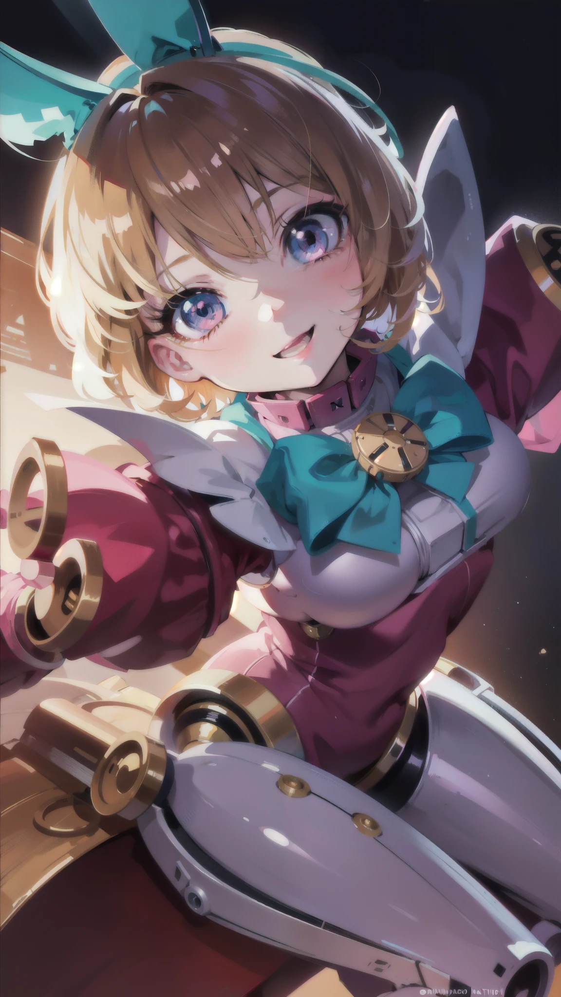a cute anime girl, 1girl, blonde hair, short hair, bangs, pink shirt, robot doll, eyes looking at camera, smiling, 2d cartoon, digital painting, masterpiece, best quality, high resolution, extremely detailed, vibrant colors, soft lighting, cute, kawaii