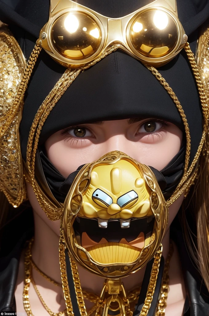 Play the SpongeBob character with a mask covering half of your face, on your body you will have several diamond and gold chains, behind him will be luxurious cars 