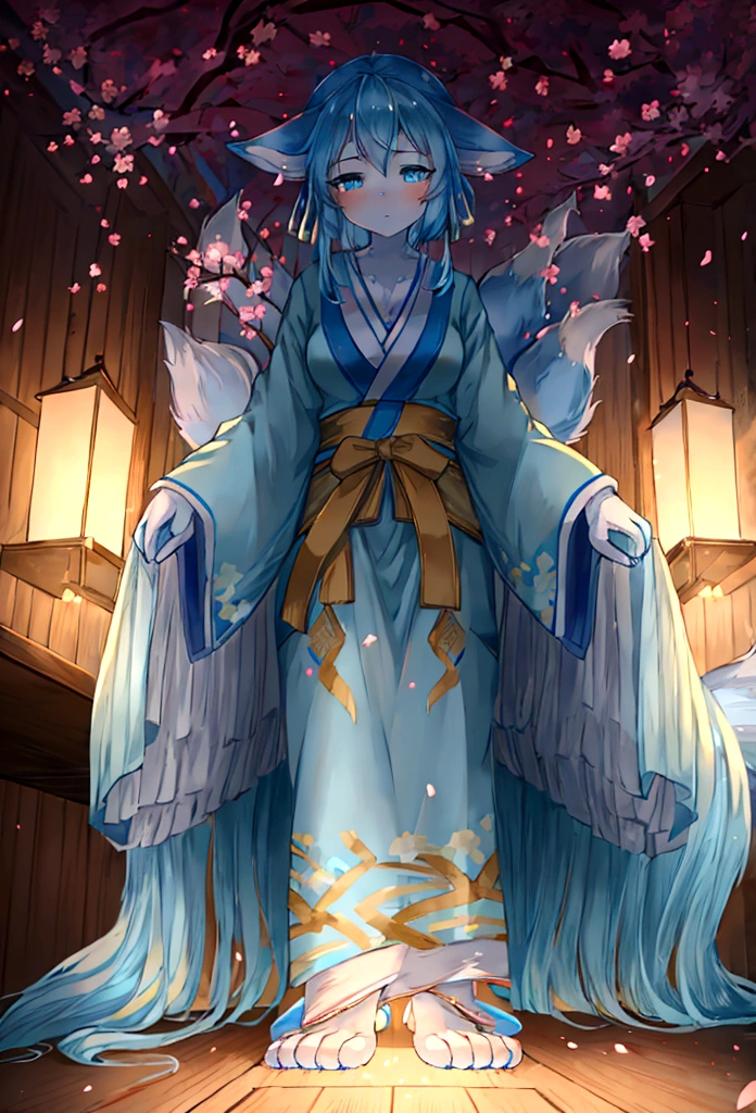 fox Light blue hair 　beast girl　indigo fur　fox beast girl　Wallpaper 4k,8k,highly detailled,,vivid colors,detailed kitsune with 9 tails,traditional Japanese artwork,tatami floor,beautiful cherry blossoms,floating lanterns,dark silhouette of a pagoda,subtle moonlight,dense forest,ethereal atmosphere,dappled sunlight,whimsical spirit,serene expression,elaborate kimono and obi,delicate hand-painted details,luminous eyes　Anime Style　fox　blue　White-faced golden-haired nine-tailed fox　Coat blue　　　mysterious background　Blue Flame　girl　have a ball of light