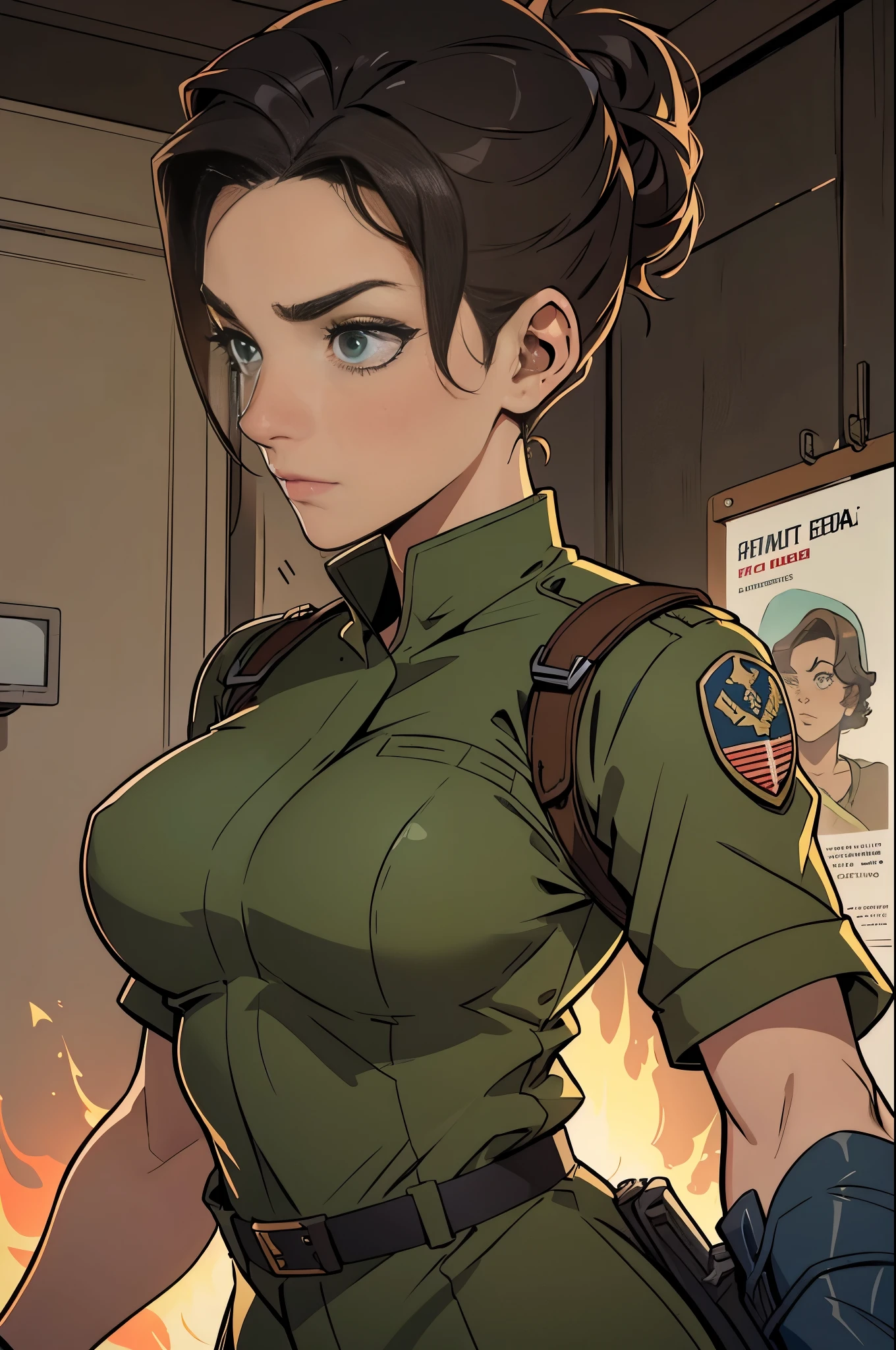 Art inspired by John Buscema, World War II poster, we see a nurse (1woman)holding a folder, perfect hospital uniform, short hair up to the shoulders, color black, clear green eyes, breasts small, corpo delgado, imposing in a hospital tent in Fronte, Cannon fire, A scene showing seriousness and conviction,big boobies,from bottom to top