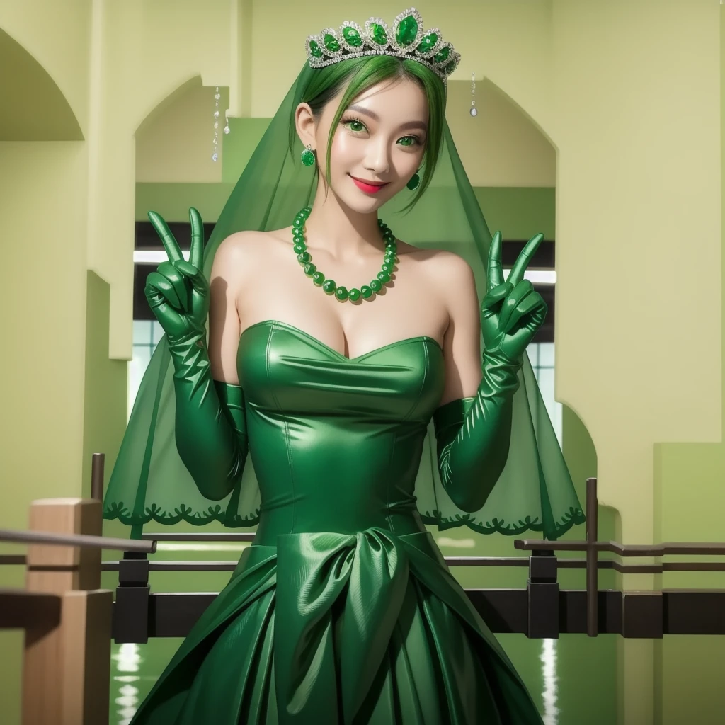 Emerald tiara, Green Pearl Necklace, ボーイッシュな非常に短いGreen Hair, Green Lips, Smiling Japanese woman, Very short hair, Busty beautiful lady, Green Eyes, Green satin long gloves, Green Eyes, Emerald Earrings, Green veil, Vsain, Green Hair, Beautiful Japanese Woman, green lip gloss