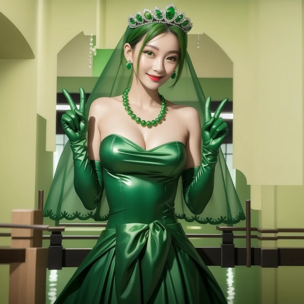 Emerald tiara, Green Pearl Necklace, ボーイッシュな非常に短いGreen Hair, Green Lips, Smiling Japanese woman, Very short hair, Busty beautiful lady, Green Eyes, Green satin long gloves, Green Eyes, Emerald Earrings, Green veil, Vsain, Green Hair, Beautiful Japanese Woman, green lip gloss