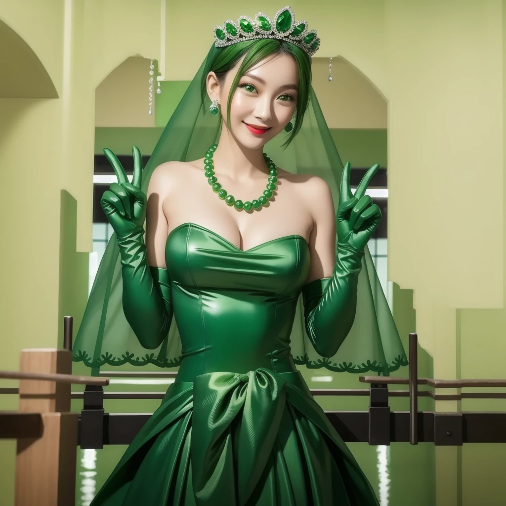 Emerald tiara, Green Pearl Necklace, ボーイッシュな非常に短いGreen Hair, Green Lips, Smiling Japanese woman, Very short hair, Busty beautiful lady, Green Eyes, Green satin long gloves, Green Eyes, Emerald Earrings, Green veil, Vsain, Green Hair, Beautiful Japanese Woman, green lip gloss