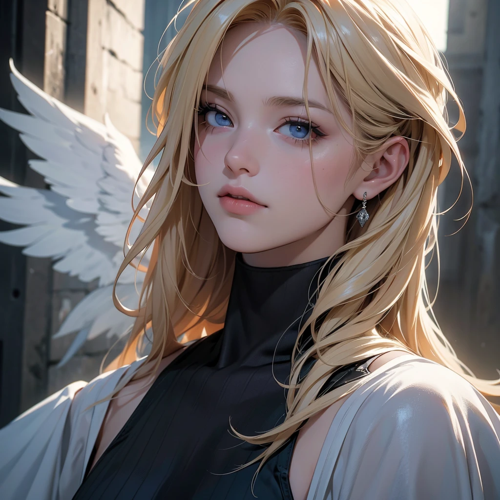 a severely injured angel with blonde hair, leaning against the dark city alley walls, their wings severely damaged, white eyes, (best quality,4k,8k,highres,masterpiece:1.2),ultra-detailed,(realistic,photorealistic,photo-realistic:1.37),chiaroscuro lighting,dramatic shadows,moody lighting,cinematic composition,dark and gritty,dystopian,gothic,dramatic,dark fantasy,dramatic pose