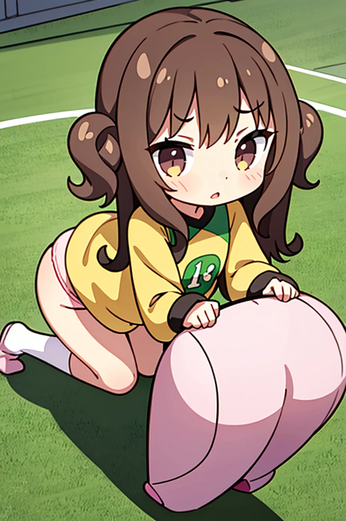 18 year old girl, large eyes, big eyelashes, thin eyebrows, half full cheeks, thick lips, curly brown hair, Brazilian long-sleeved football shirt with number 10, showing the ass, pink panties, long white socks, in pose on all fours