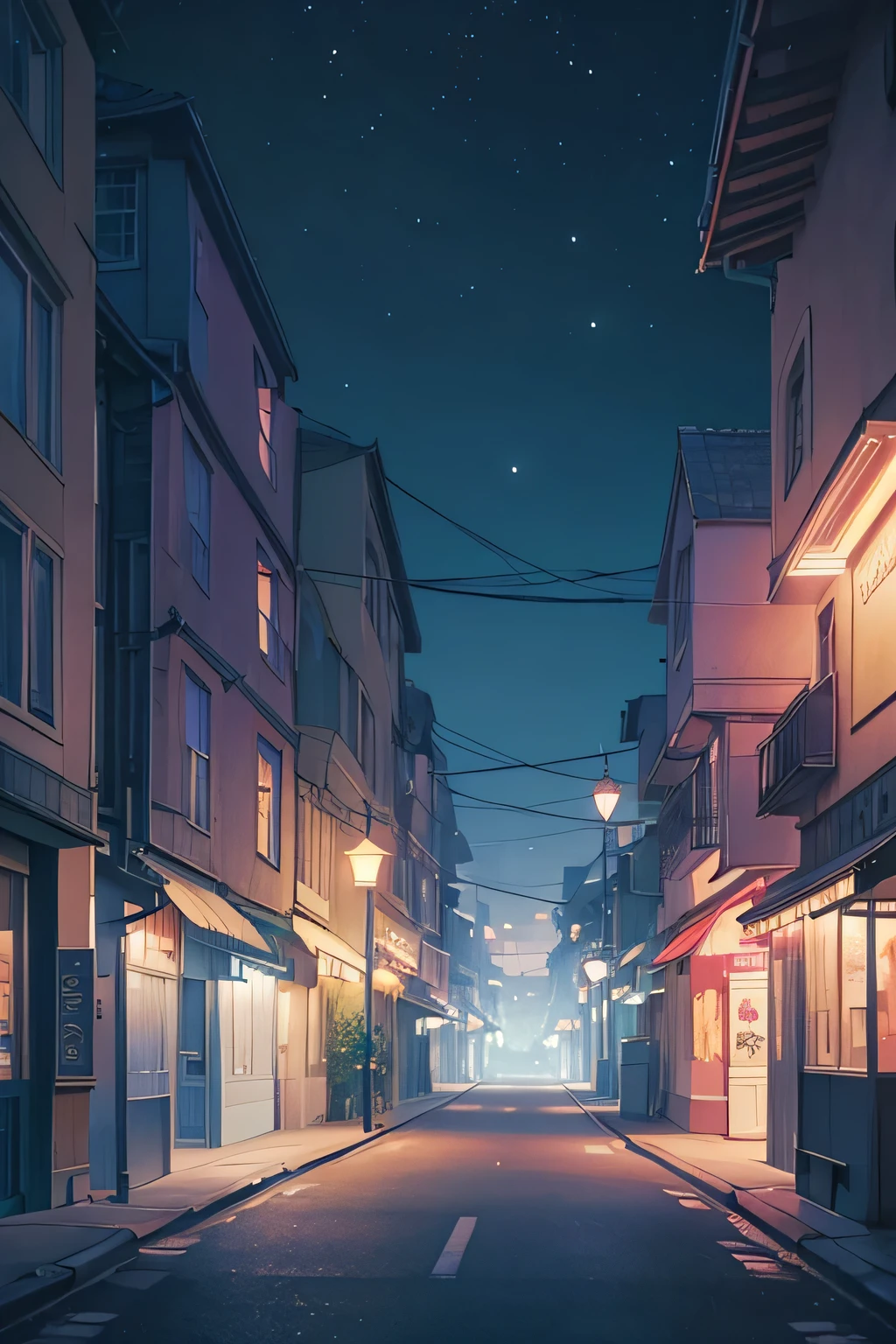A night city street, atmospheric ambient lighting, dark blue and pastel tones, lofi aesthetic, anime-inspired style, no people, nostalgic and melancholic yet relaxing, Studio Ghibli-esque, night time, dark sky