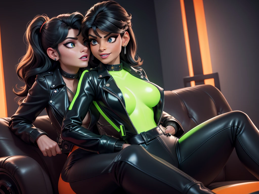 obra prima, melhor qualidade, ((kirstie alley as a vulcan, black hair,)) head back, sassy wicked, open mouth, big teeth smile, thick smoky black eye shadow, long fake eyelashes, sultry eyes, ((dark orange leather biker jacket,)) biker jacket has stiff collar, leather blouse, ((neon green pvc skinny pants,)) studs zippers snaps, shiny leather gloves, nip slip, body is skinny, laying down hugging each other on sofa, shiny tight buttocks, arched back, mashing breasts, (passionate kissing,) camera view of whole body, looking up at me, shallow depth of field, highres, HD, 8k, anatomically correct