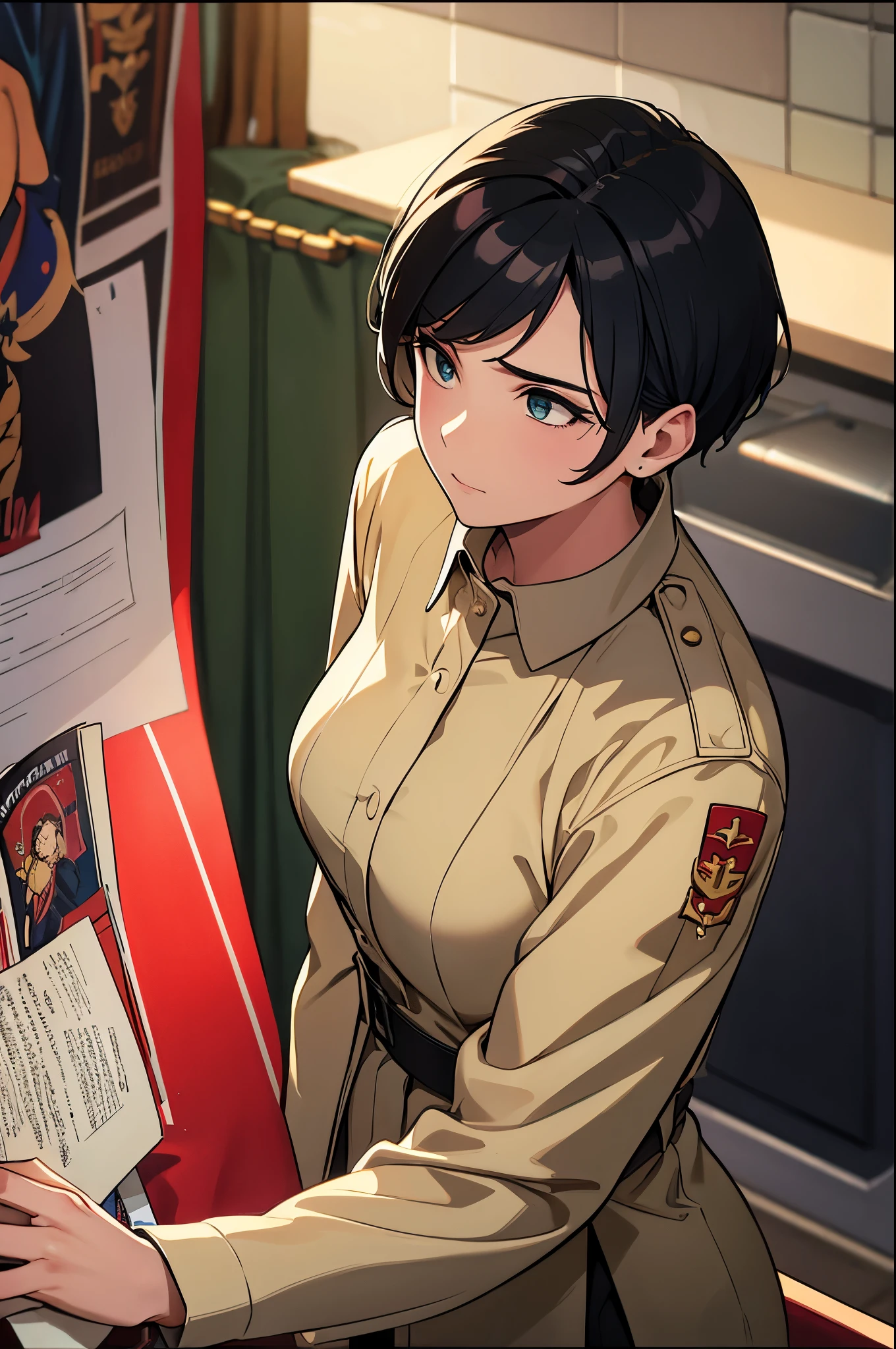 Art inspired by John Buscema, World War II poster, we see a nurse (1woman)holding a folder, perfect hospital uniform, short hair up to the shoulders, color black, clear green eyes, breasts small, corpo delgado, imposing in a hospital tent in Fronte, Cannon fire, A scene showing seriousness and conviction,big boobies,from bottom to top