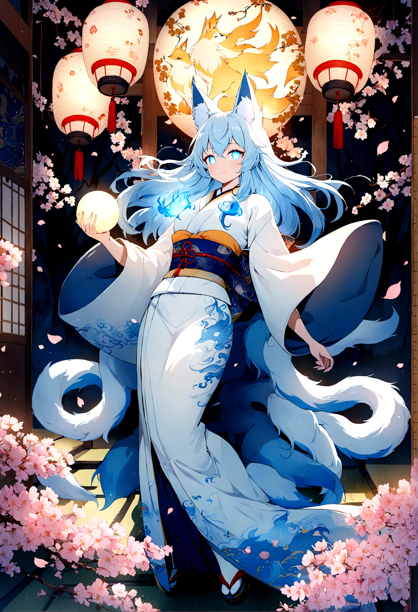 Anime Style　fox　blue　White-faced golden-haired nine-tailed fox　Coat blue　　　mysterious background　Blue Flame　girl　have a ball of light　 Light blue hair 　beast girl　indigo fur　fox beast girl　Wallpaper 4k,8k,highly detailled,,vivid colors,detailed kitsune with 9 tails,traditional Japanese artwork,tatami floor,beautiful cherry blossoms,floating lanterns,dark silhouette of a pagoda,subtle moonlight,dense forest,ethereal atmosphere,dappled sunlight,whimsical spirit,serene expression,elaborate kimono and obi,delicate hand-painted details,luminous eyes　Anime Style　fox　blue　White-faced golden-haired nine-tailed fox　Coat blue　　　mysterious background　Blue Flame　girl　have a ball of light