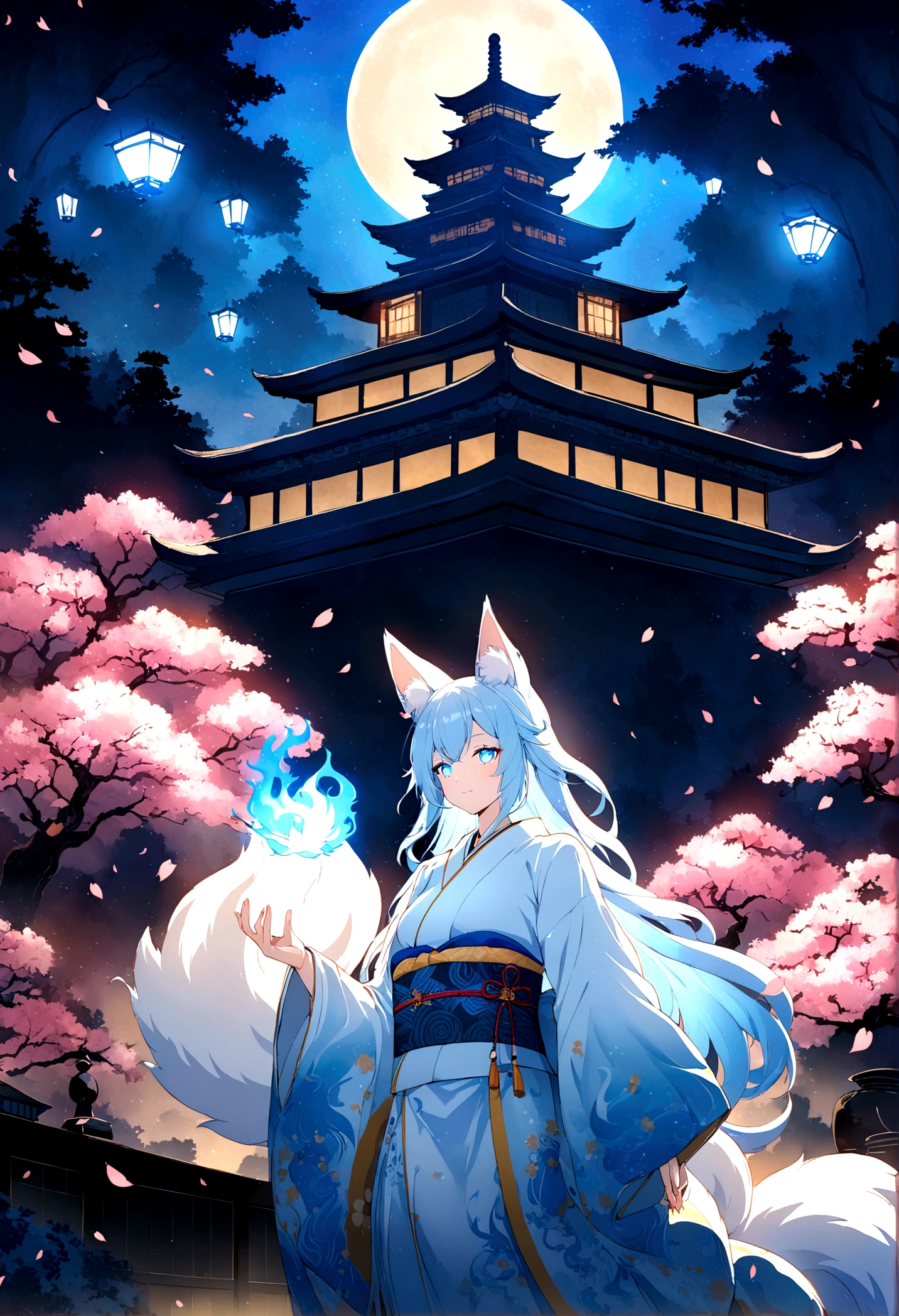 Anime Style fox blue White-faced golden-haired nine-tailed fox Coat blue mysterious background Blue Flame girl have a ball of light Light blue hair beast girl indigo fur fox beast girl Wallpaper 4k,8k,highly detailled,,vivid colors,detailed kitsune with 9 tails,traditional Japanese artwork,tatami floor,beautiful cherry blossoms,floating lanterns,dark silhouette of a pagoda,subtle moonlight,dense forest,ethereal atmosphere,dappled sunlight,whimsical spirit,serene expression,elaborate kimono and obi,delicate hand-painted details,luminous eyes Anime Style fox blue White-faced golden-haired nine-tailed fox Coat blue mysterious background Blue Flame girl have a ball of light