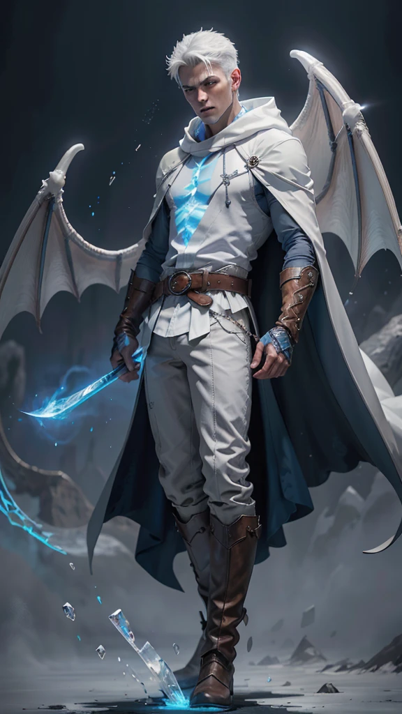 Design 1wizard man shooting a ice beam. Young man with a transparent hooded cape.Light gray hair. Glowing white eyes Wearing a white button-down shirt Wearing blue pants Wearing a brown belt Wearing short brown boots Wearing blue gloves on your hands. Dragon wings on his back. epic.cinematografico.