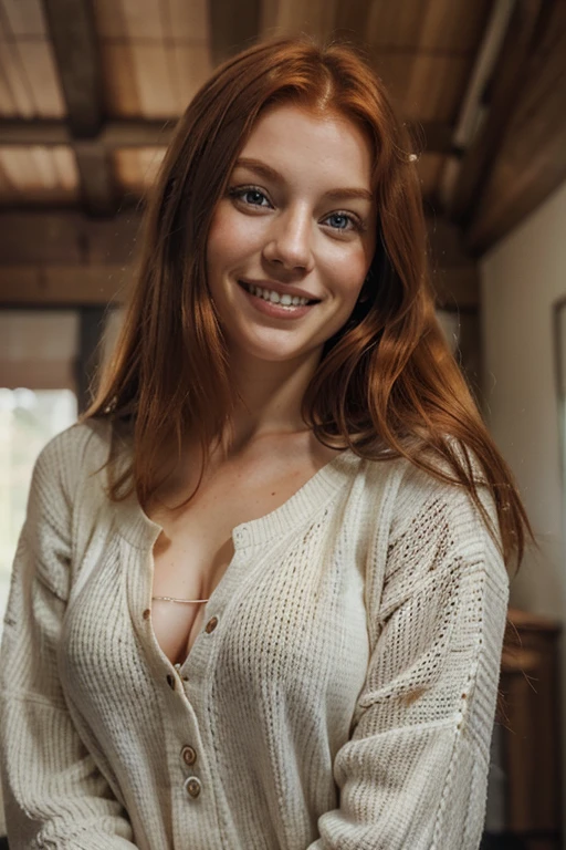 beautiful redhead woman of average appearance, smiling, White tooth, (looking at the camera:1.4), (highest quallity), (best shade), details Intricate, hinterland, russet hair:1.3, dark studio, subdued colors,