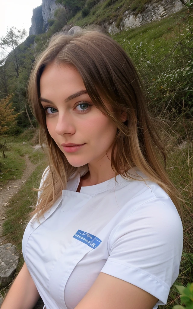 Belle brune aux reflets blonds portant une tenue de randonner avec d énorme seins (dans les montagne ), Très détaillé, 22 ans, visage innocent, natural cheveux ondulés, yeux bleus, cheveux ondulés, haute résolution, chef-d'œuvre, meilleure qualité, détails complexes, très détaillé, mise au point nette, peau détaillée, texture de peau réaliste, texture, yeux détaillés, professionnel, 4k, sourire charmant, filmé sur Canon, 85 millimètres, faible profondeur de champ, Couleur Kodak Vision, corps parfaitement ajusté, Extrêmement détaillé, photographier_\(ultra\), photoréaliste, Réaliste, Post-traitement, Détails maximum, rugosité, vrai vie, ultra réaliste, photoréalisme, photographie, 8K UHD, photographie