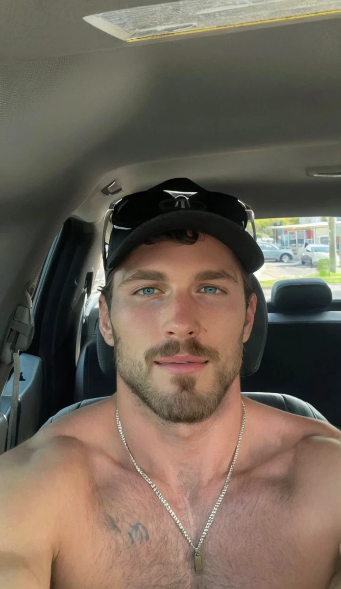 reiner braun, modern setting, sitting on a chair, taking a coffee, looking at you, blue shirt, unbuttoned, pectorals, beard, closed mouth, smile, caf, coffee, beautiful, hunk, yellow eye color, perfect eyes, well defined eyes, beautiful face
