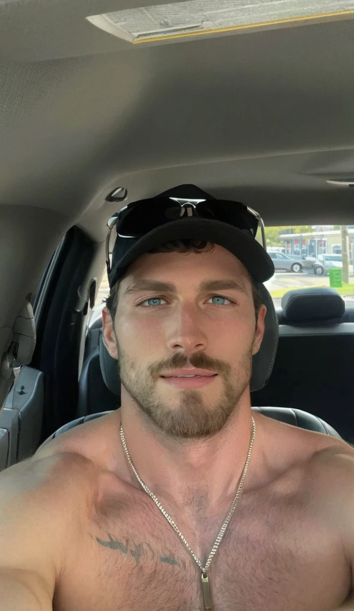 reiner braun, modern setting, sitting on a chair, taking a coffee, looking at you, blue shirt, unbuttoned, pectorals, beard, closed mouth, smile, caf, coffee, beautiful, hunk, yellow eye color, perfect eyes, well defined eyes, beautiful face