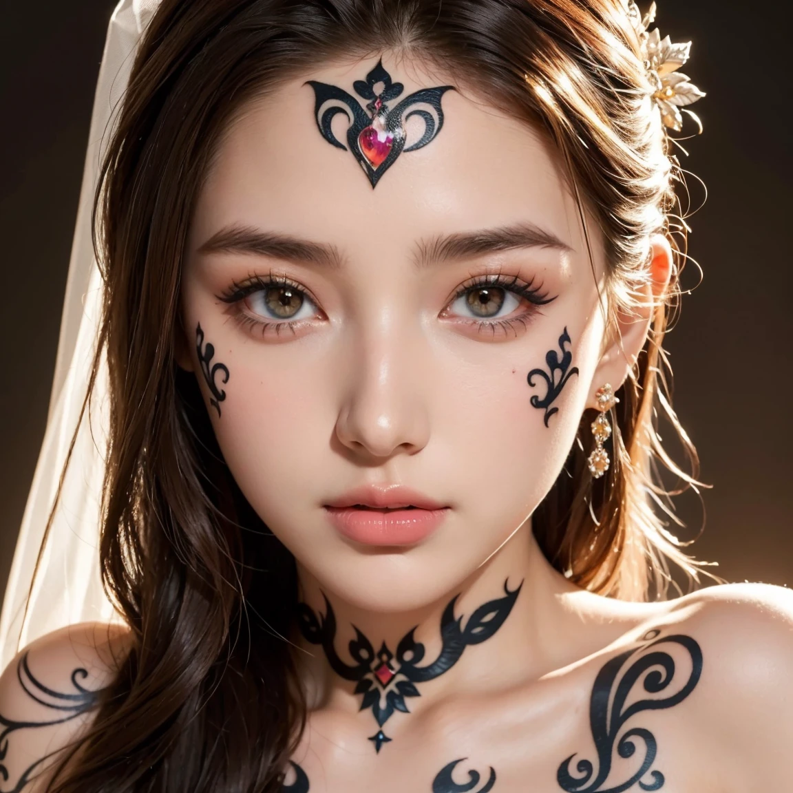(masterpiece, best quality), ultra detailed, high resolution, 16k, the most beautiful face in the world, perfect face, delicate facial features, highly detailed beautiful face and eyes, shiny skin, highly detailed background, elaborately designed, fine cloth texture, BREAK, (gorgeous and stunning teenage princess in gorgeous and luxurious princess dress:1.2), perfect make-up, eyeshadow, lash extensions, rouge, deeply in love, full of elegance, (face tattoo:1.3)