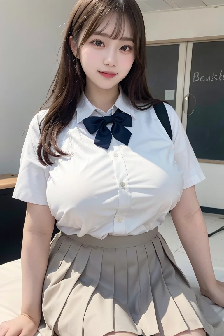 (Best quality,masterpiece,ultra detailed,8K,RAW photo,realistic,high resolution:1.2),(Pretty Japanese girl),(Super huge tits:1.4),(light brown hair),(school uniform,white shirt,pleated skirt:1.4),(voluptuous:1.4),(shoulder length),(light smile),(chubby:1.4)