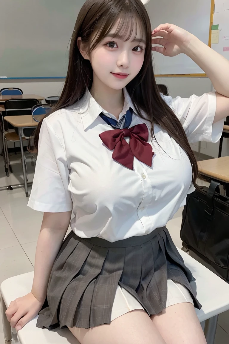 (Best quality,masterpiece,ultra detailed,8K,RAW photo,realistic,high resolution:1.2),(Pretty Japanese girl),(Super huge tits:1.4),(light brown hair),(school uniform,white shirt,pleated skirt:1.4),(voluptuous:1.4),(shoulder length),(light smile),(chubby:1.4)