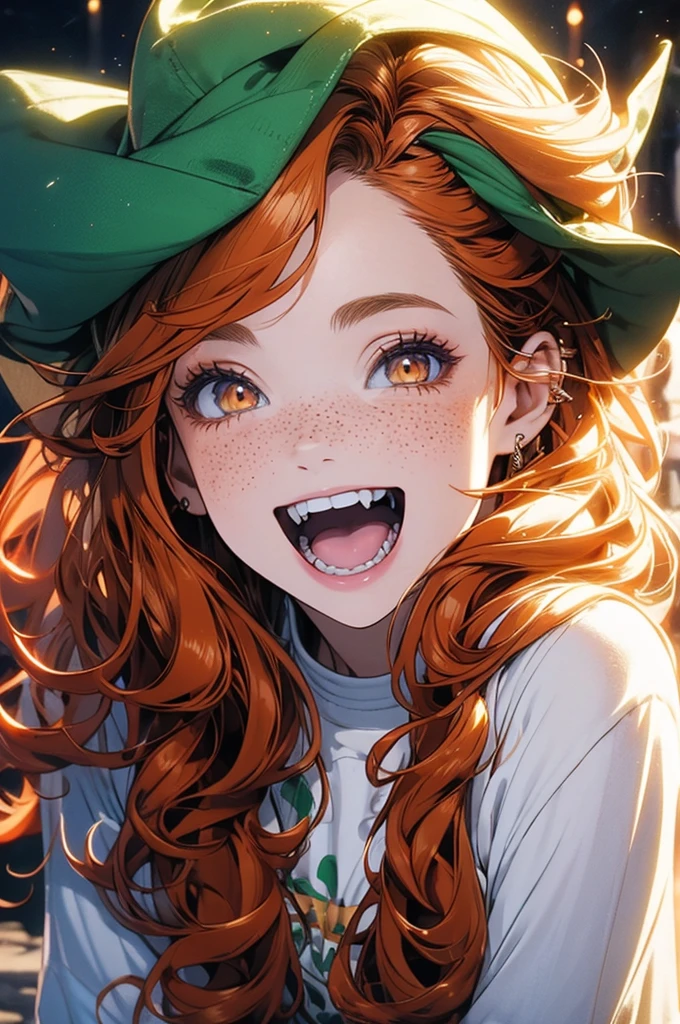 Pretty Irish woman with curly ginger air, freckles, tooth gap
