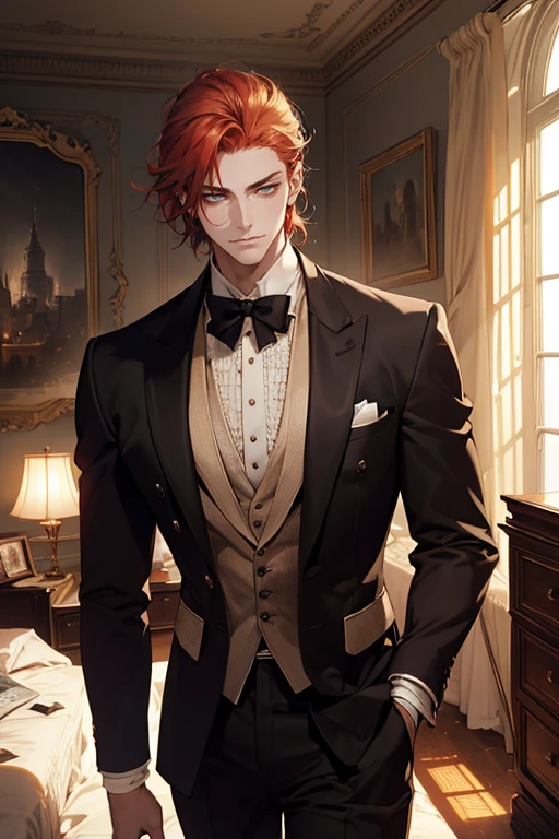 Masterpiece, Best quality, Realistic, 1 man, (elegant duke:1.3)handsome, tall, detailed, sharp eyes, Pale skin, Red hair, blue eyes, tired eyes, stars in his eyes, brash, stubborn, self-righteous, egotist, ((dark bedroom:1.2)), Clutter in the room, lots of details, ((masculine:1.2)), strong, slight smile, dtalesized light background, detailed lighting, highlights, (Sakimical Frank Franchetta, Heise Jinyao)