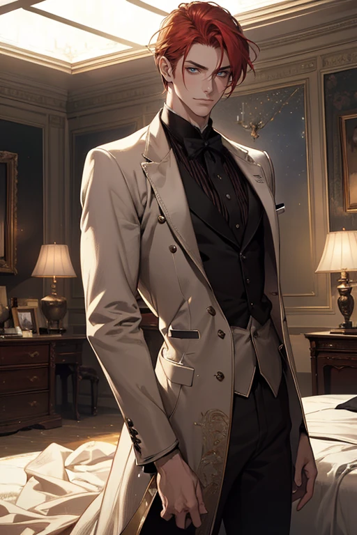 Masterpiece, Best quality, Realistic, 1 man, (elegant duke:1.3)handsome, tall, detailed, sharp eyes, Pale skin, Red hair, blue eyes, tired eyes, stars in his eyes, brash, stubborn, self-righteous, egotist, ((dark bedroom:1.2)), Clutter in the room, lots of details, ((masculine:1.2)), strong, slight smile, dtalesized light background, detailed lighting, highlights, (Sakimical Frank Franchetta, Heise Jinyao)