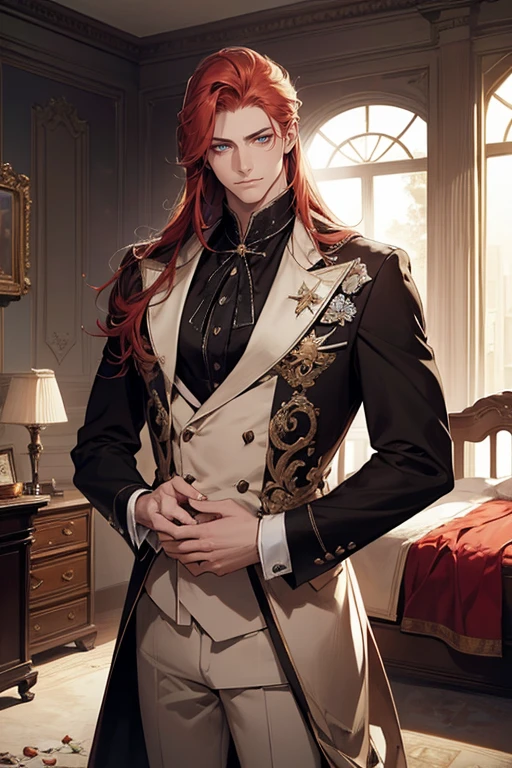Masterpiece, Best quality, Realistic, 1 man, (elegant duke:1.3)handsome, tall, detailed, sharp eyes, Pale skin, Red hair, blue eyes, tired eyes, stars in his eyes, brash, stubborn, self-righteous, egotist, ((dark bedroom:1.2)), Clutter in the room, lots of details, ((masculine:1.2)), strong, slight smile, dtalesized light background, detailed lighting, highlights, (Sakimical Frank Franchetta, Heise Jinyao)