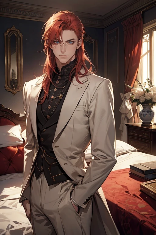 Masterpiece, Best quality, Realistic, 1 man, (elegant duke:1.3)handsome, tall, detailed, sharp eyes, Pale skin, Red hair, blue eyes, tired eyes, stars in his eyes, brash, stubborn, self-righteous, egotist, ((dark bedroom:1.2)), Clutter in the room, lots of details, ((masculine:1.2)), strong, slight smile, dtalesized light background, detailed lighting, highlights, (Sakimical Frank Franchetta, Heise Jinyao)