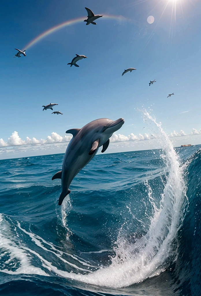 of course! A digital art prompt depicting a dolphin in the ocean.:
"Dolphin jumping into the waves": Imagine the sea on a sunny day., Clear blue sky and crystal clear sea. Draw a group of dolphins jumping onto ocean waves. Uses blue and green shades to represent water、Creates a sense of movement. Adding details to the dolphin, Reveals smooth, radiant skin, Not only their distinctive features. Try different poses and angles、Capture the energy and grace of dolphins in action. Want to add a special touch?、, You can also add a rainbow or seagulls flying over the ocean in the background.. Let the imagery convey the energy and joy of dolphins swimming and playing in the waves.. Have fun creating this enchanting ocean scene!