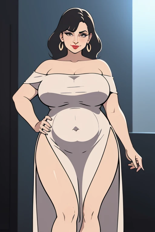 adult MILF, Solo, off shoulder dress, obese, over, big belly