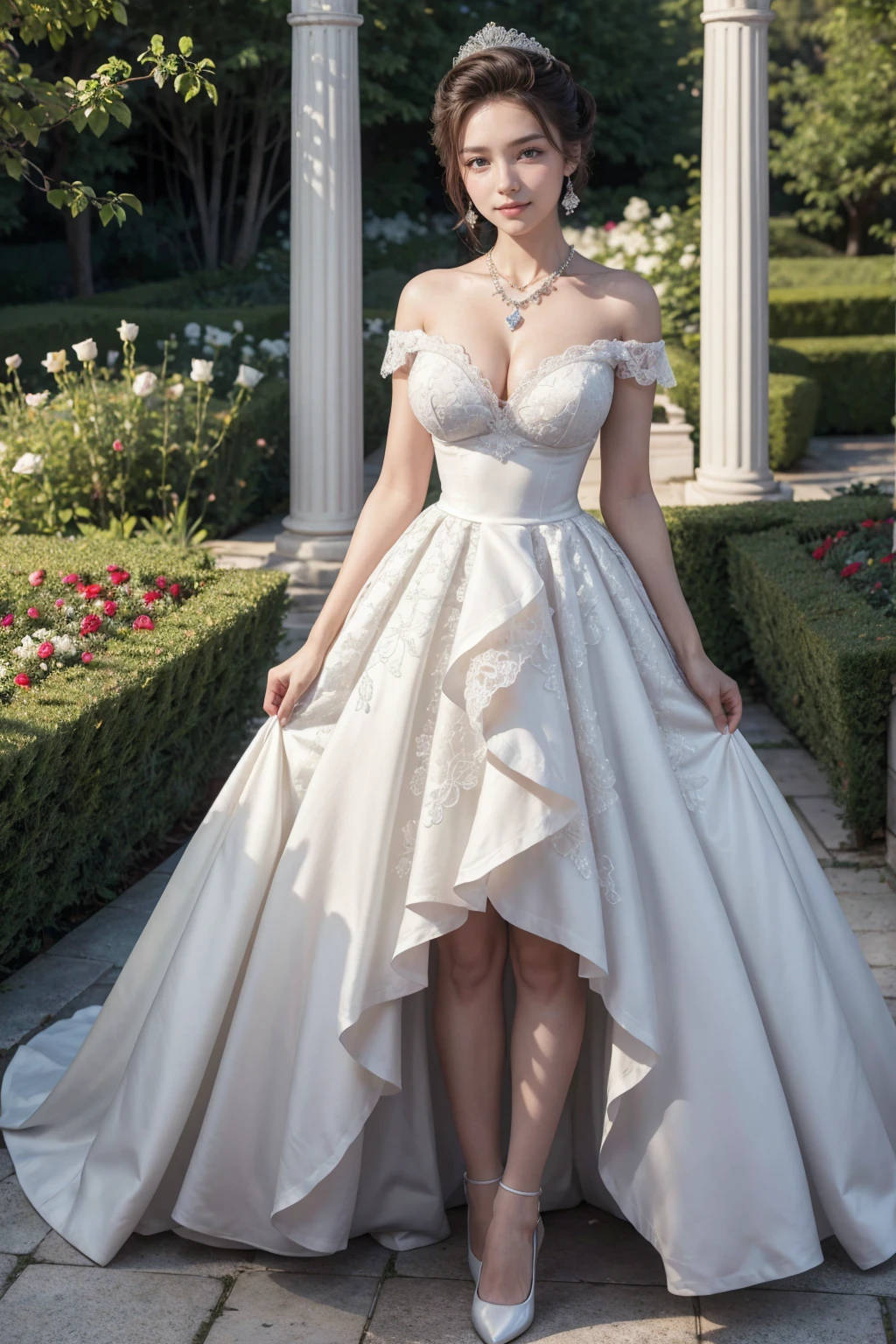 (masterpiece, best quality, realistically, work, Super detailed, 8K), ((wide angle lens, full body female love)), 1 girl,Light makeup,exquisite facial features,smile,exquisite crystal jewelry, heart-shaped necklace,Exquisite hairstyle, Pompadour hairstyle, White lace shirt,princess dress,high-end dress,standing posture front,facing the audience,Full-length portrait, in a garden full of roses, big breasts