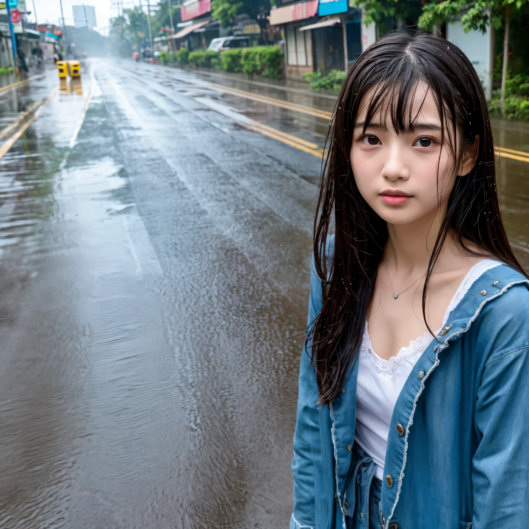 songkran,Wet roads , soaked through,drenched, Dripping, Wet Face,Wet clothes, Wet Skin, Wet Hair,A young woman with a cute face like an idol,chest,(chestの谷間),(chest元が見えるデザインの服),cling,RAW Photos,Genuine,Genuine,High resolution,RAW Photos,masterpiece, Genuineistic, beautiful