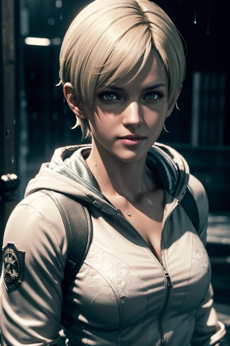 Resident Evil 6,Shelley,Short Hair,Blonde Hair,White hoodie,Cold protection,neck warmer,Photorealistic,Ultra HD,high quality,masterpiece,Digital SLR,Detailed details,Intricate details,Anatomical basis,Depicted in detail,A detailed face,Realistic skin texture,Vivid details,Perfect Anatomy,Perfect Anatomy,Anatomically correct hand,Anatomically correct fingers,Super Detail,Complex 3D rendering,Sexy pose,Rainy Sky,Beautiful scenery,Fantastic rainy sky,Picturesque,Pink Lips,smile,