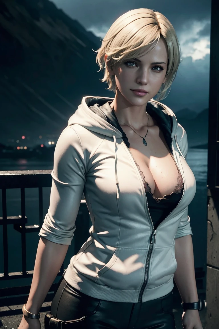 Resident Evil 6,Shelley,Short Hair,Blonde Hair,White hoodie,Cold protection,neck warmer,Photorealistic,Ultra HD,high quality,masterpiece,Digital SLR,Detailed details,Intricate details,Anatomical basis,Depicted in detail,A detailed face,Realistic skin texture,Vivid details,Perfect Anatomy,Perfect Anatomy,Anatomically correct hand,Anatomically correct fingers,Super Detail,Complex 3D rendering,Sexy pose,Rainy Sky,Beautiful scenery,Fantastic rainy sky,Picturesque,Pink Lips,smile,