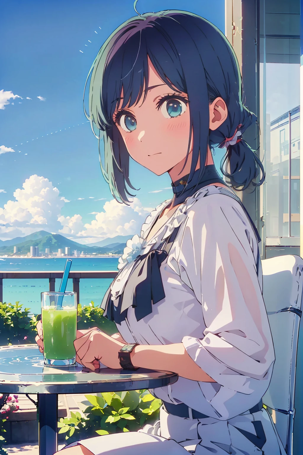 (Highest quality:1.4、8K:1.4、detailed)、F cup bust、Big Breasts、Slim body、Very white beautiful skin、((((1 person、Surprised expression、sit、Chair、In the background are the urban buildings of Tokyo、looking at the camera、Outdoor café terrace、coastal、Navy hair color、juice、White bubble sleeve blouse、Get up close and take a photo、table、Very cute face))))、(Low ponytail:1.4)、Very blue sky、A completely cloudless sky