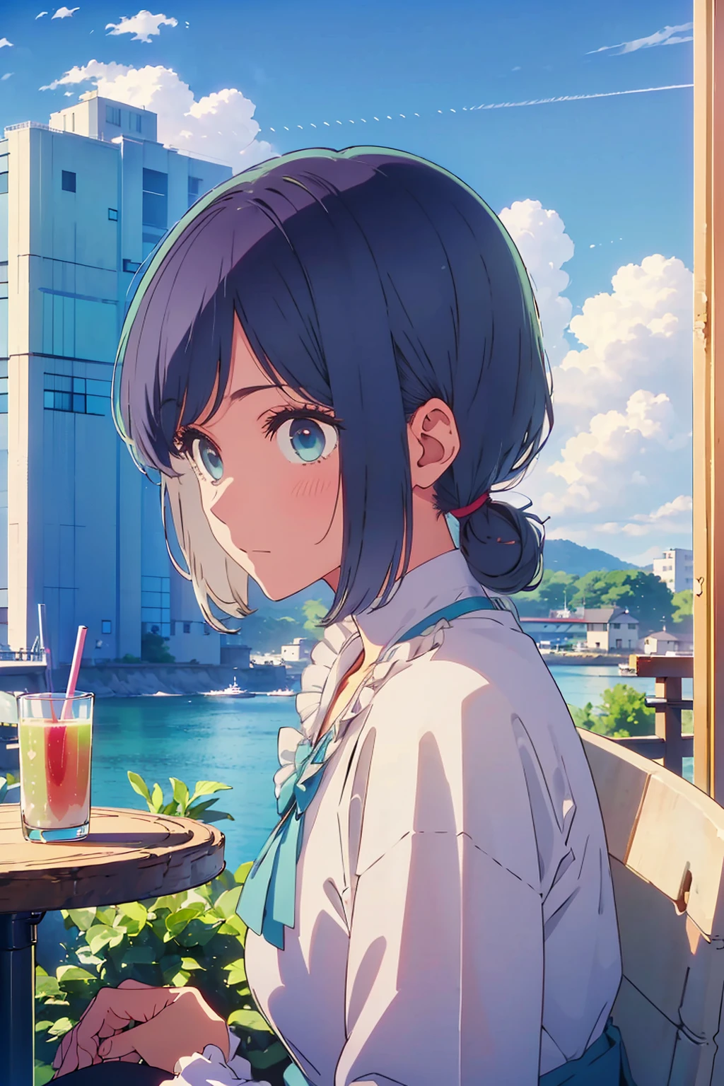 (Highest quality:1.4、8K:1.4、detailed)、F cup bust、Big Breasts、Slim body、Very white beautiful skin、((((1 person、Surprised expression、sit、Chair、In the background are the urban buildings of Tokyo、looking at the camera、Outdoor café terrace、coastal、Navy hair color、juice、White bubble sleeve blouse、Get up close and take a photo、table、Very cute face))))、(Low ponytail:1.4)、Very blue sky、A completely cloudless sky