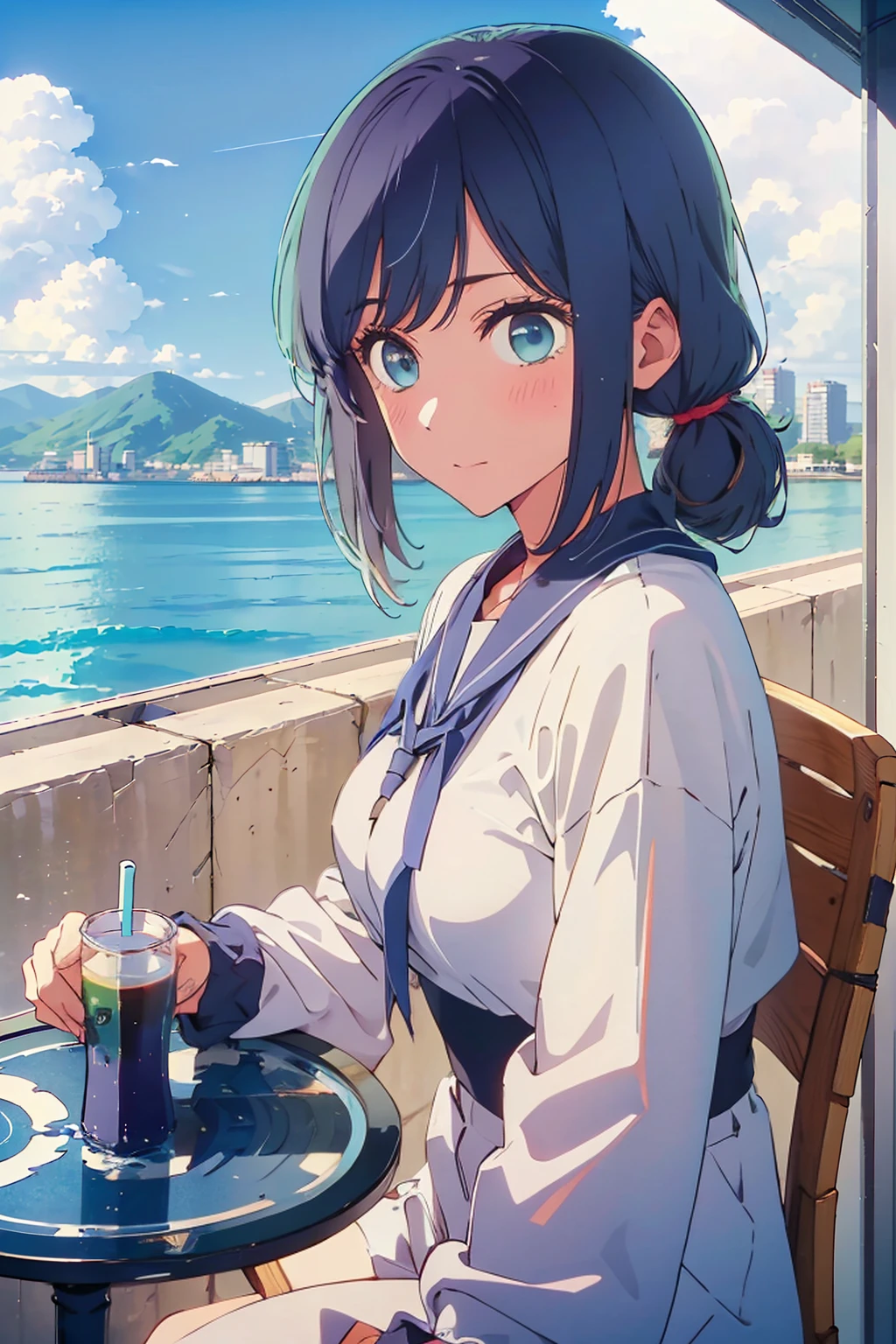 (Highest quality:1.4、8K:1.4、detailed)、F cup bust、Big Breasts、Slim body、Very white beautiful skin、((((1 person、Surprised expression、sit、Chair、In the background are the urban buildings of Tokyo、looking at the camera、Outdoor café terrace、coastal、Navy hair color、juice、White bubble sleeve blouse、Get up close and take a photo、table、Very cute face))))、(Low ponytail:1.4)、Very blue sky、A completely cloudless sky
