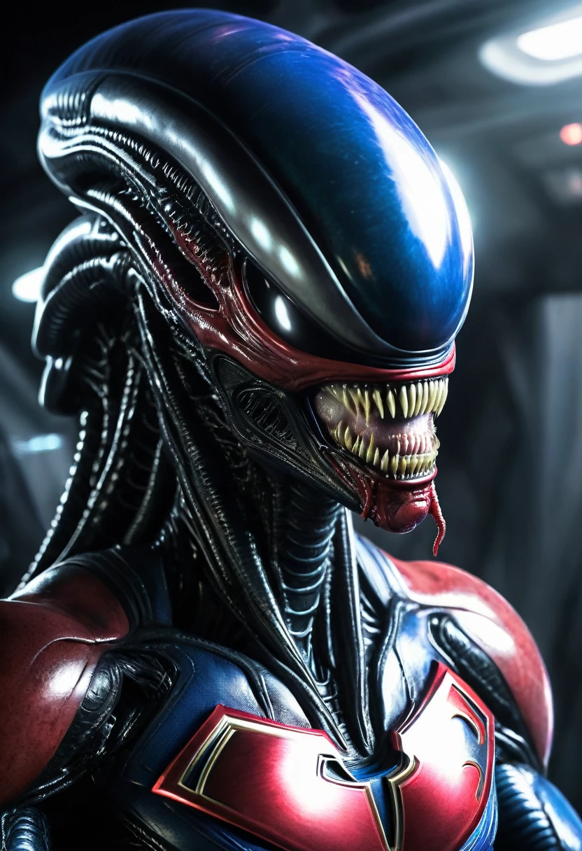 (((Extremely Close-up Xenomorph Alien the Eighth Passenger Terrifying, Surreal, and Cinematic Images, Color Splash, High Quality Detail, Ultra Detailed, Photorealistic, (Hyper-realistic Color Depth), Realistic Texture, Full Body Portrait, (Head and Chest Focus), (Translucent Alien Skin Beneath the Suit), (Superman's Symbol Glowing Brightly), (Cinematic Lighting - Dramatic Contrast), Mechanical Alien