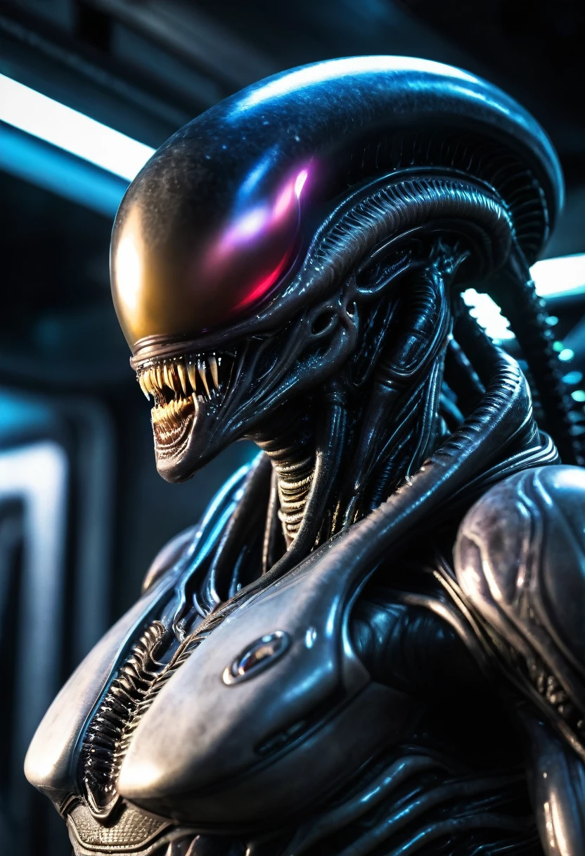 (((Extremely Close-up Xenomorph Alien the Eighth Passenger Terrifying, Surreal, and Cinematic Images, Color Splash, High Quality Detail, Ultra Detailed, Photorealistic, (Hyper-realistic Color Depth), Realistic Texture, Full Body Portrait, (Head and Chest Focus), (Translucent Alien Skin Beneath the Suit), (Superman's Symbol Glowing Brightly), (Cinematic Lighting - Dramatic Contrast), Mechanical Alien