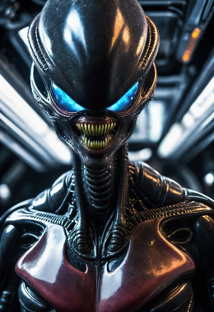 (((Extremely Close-up Xenomorph Alien the Eighth Passenger Terrifying, Surreal, and Cinematic Images, Color Splash, High Quality Detail, Ultra Detailed, Photorealistic, (Hyper-realistic Color Depth), Realistic Texture, Full Body Portrait, (Head and Chest Focus), (Translucent Alien Skin Beneath the Suit), (Superman's Symbol Glowing Brightly), (Cinematic Lighting - Dramatic Contrast), Mechanical Alien
