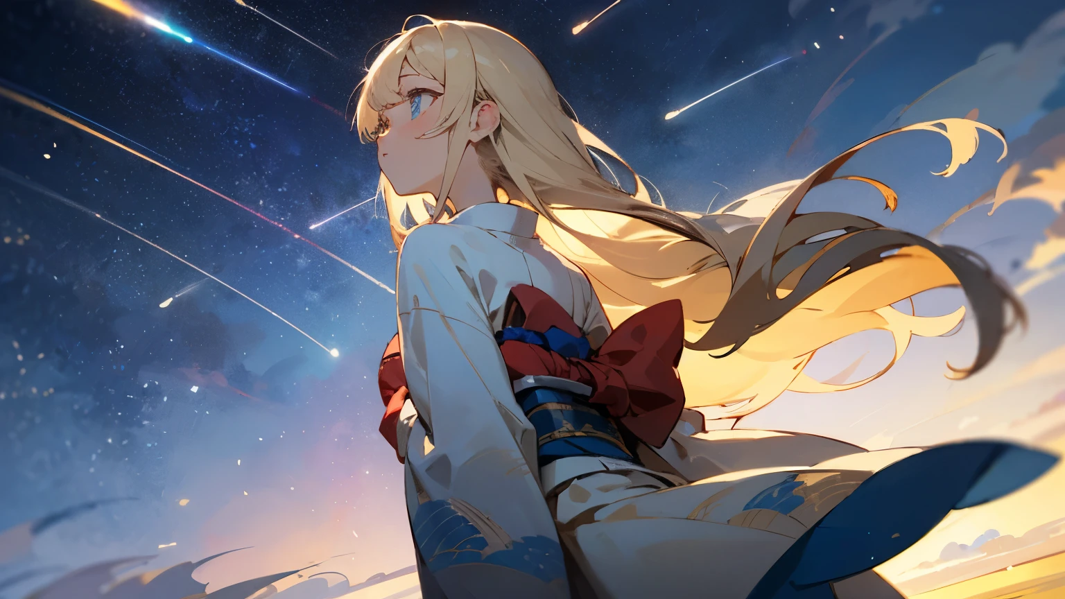 Anime Images、Looking up at the night sky、Hair Color Beige、Eye colorBlue、kimono、Japanese Kimono、bangs、Long Hair、whole body、24-years-old、Empty-handed、Put your hands behind your back、Back view、Find out more、shooting star、Looking up at the sky、sing、blue eyeature