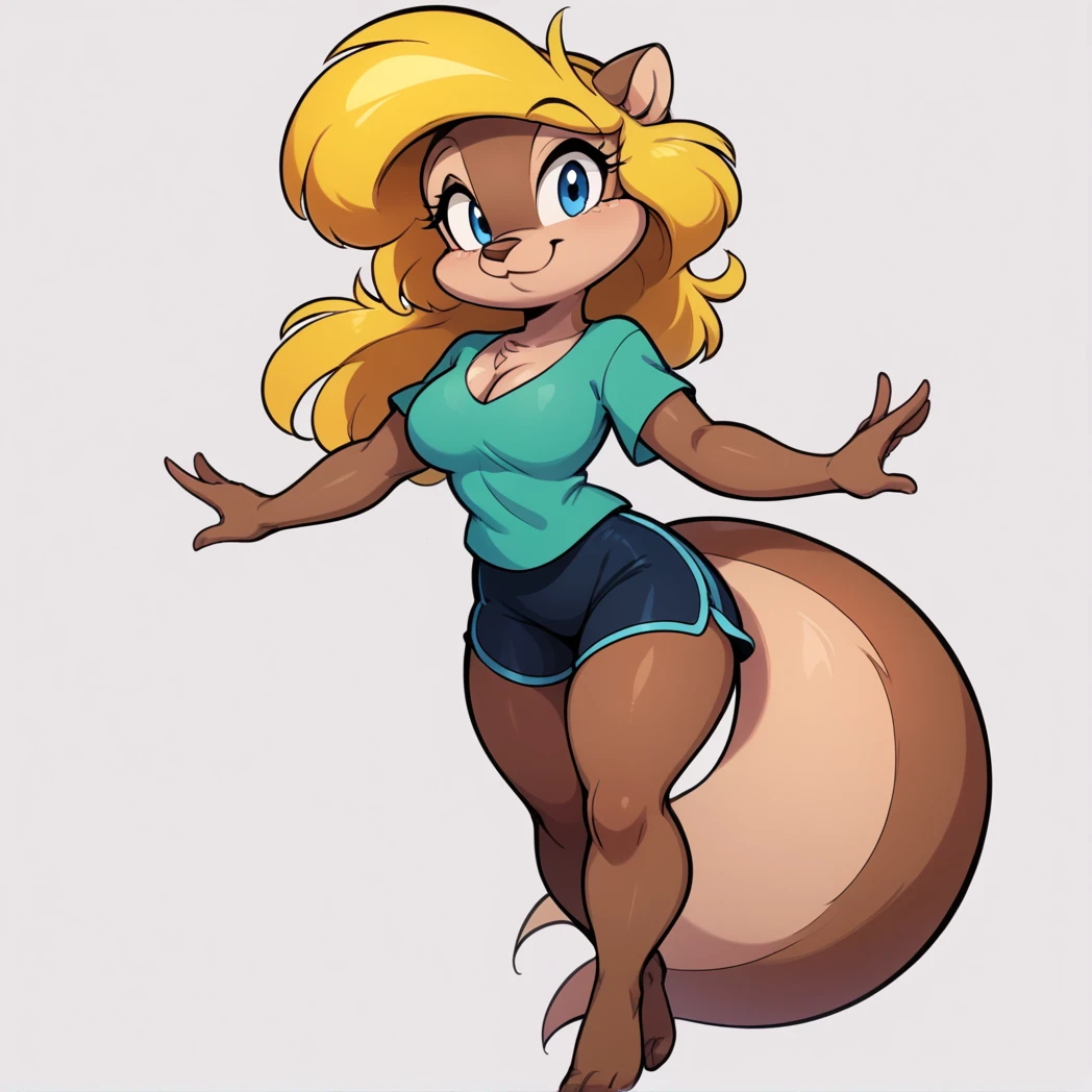 score_9, score_8_up, score_7_up, score_6_up, score_5_up, score_4_up, (Source furry), 1girl, solo, breasts, looking at viewer, smile, blue eyes, simple background, shirt, white background, animal ears, cleavage, medium breasts, closed mouth, standing, tail, full body, barefoot, furry, falling down into a Black Hole, black swimming shorts, has thick thighs, green shirt, animal nose, snout, amy squirrel , blonde hair, long hair, two tone fur, brown fur, furry female, body fur